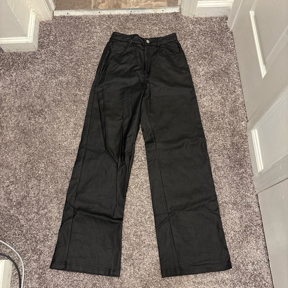 SHEIN Black Faux Leather Wide Straight-Leg Women's Pants